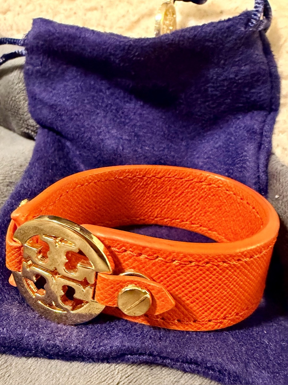 Tory Burch Orange Leather Gold Tone Logo Cuff Bracelet, with TB Jewelry Pouch